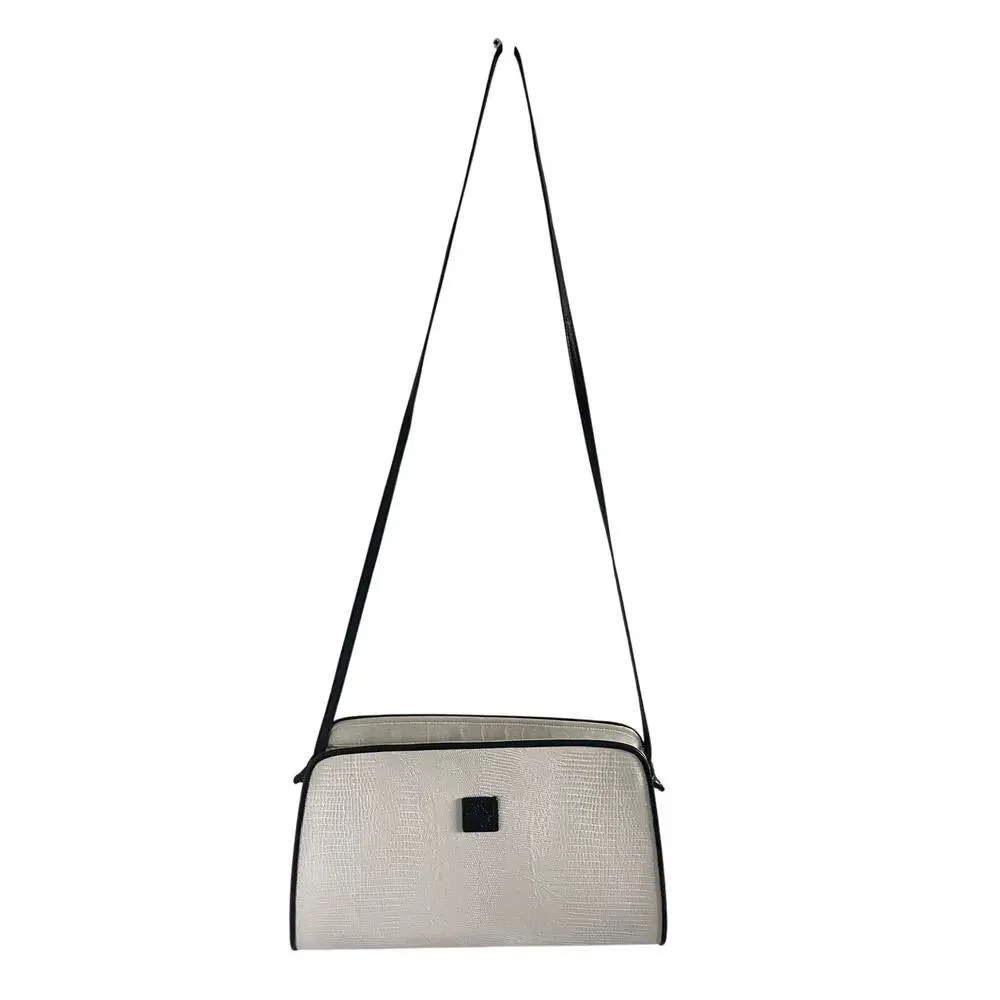 Vintage Anne Klein Calderon White Croc Embossed Crossbody Navy Trim Bag